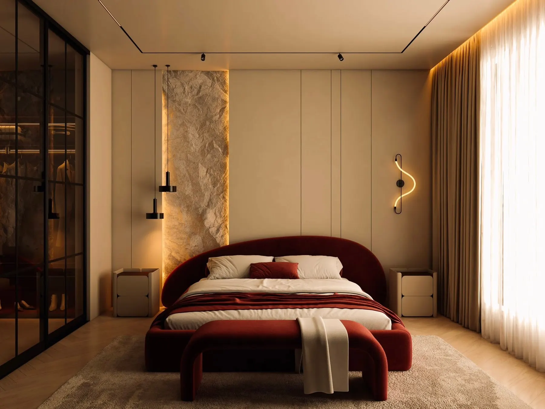 Bedroom with a velvet red bed, a fluted headboard wall, warm wall lights and a glazed wardrobe