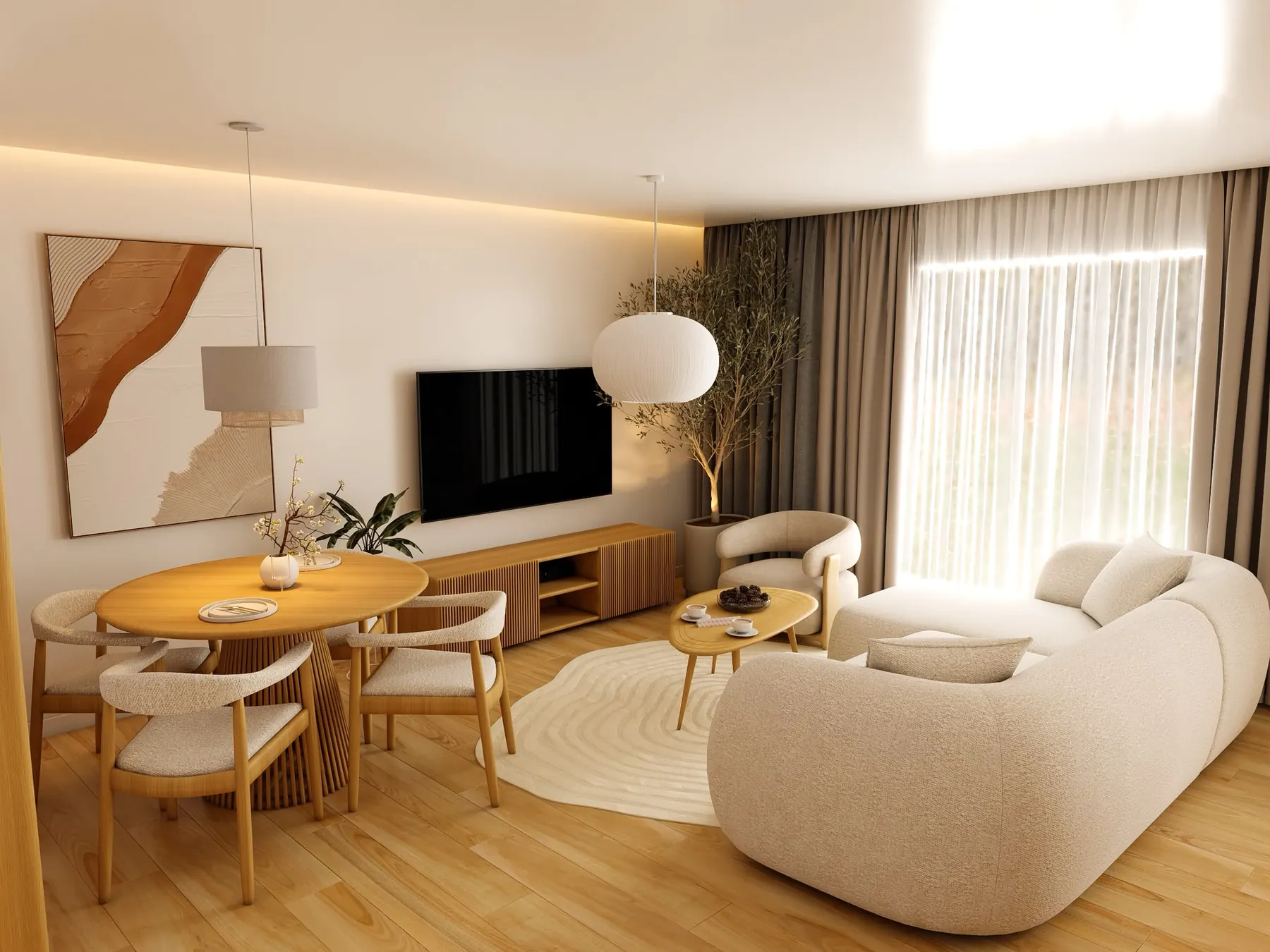 Sunlit living room with a curved bouclé sofa, a round oak dining table, an olive tree and linen curtains at the window