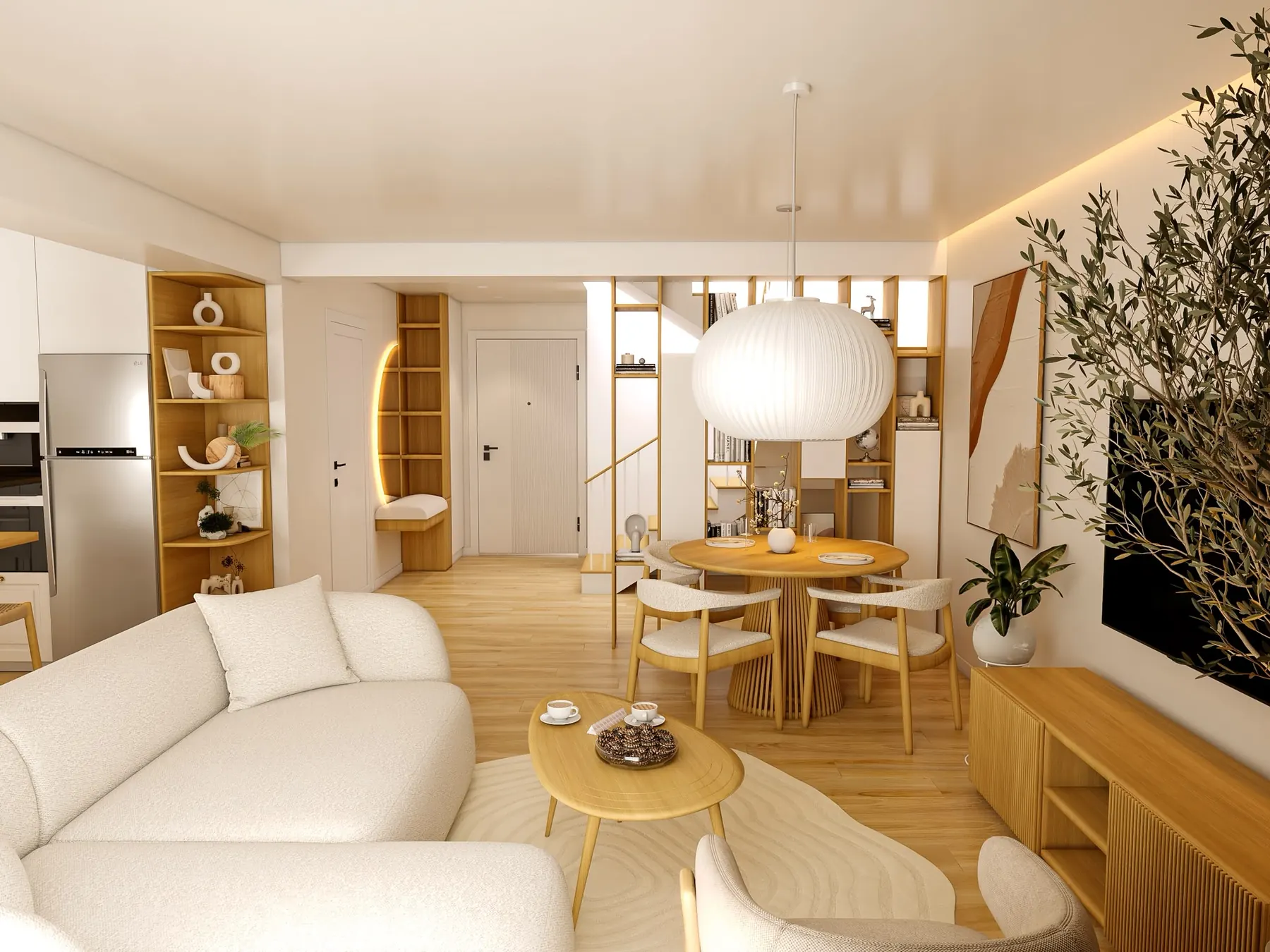 Open-plan living and dining room with a large paper pendant light over a round oak table
