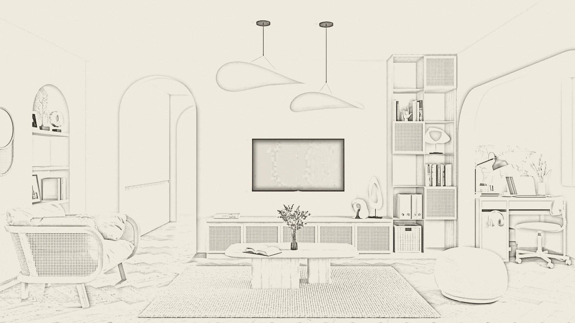 Pencil sketch of a living room with arched openings, rattan furniture and a study nook